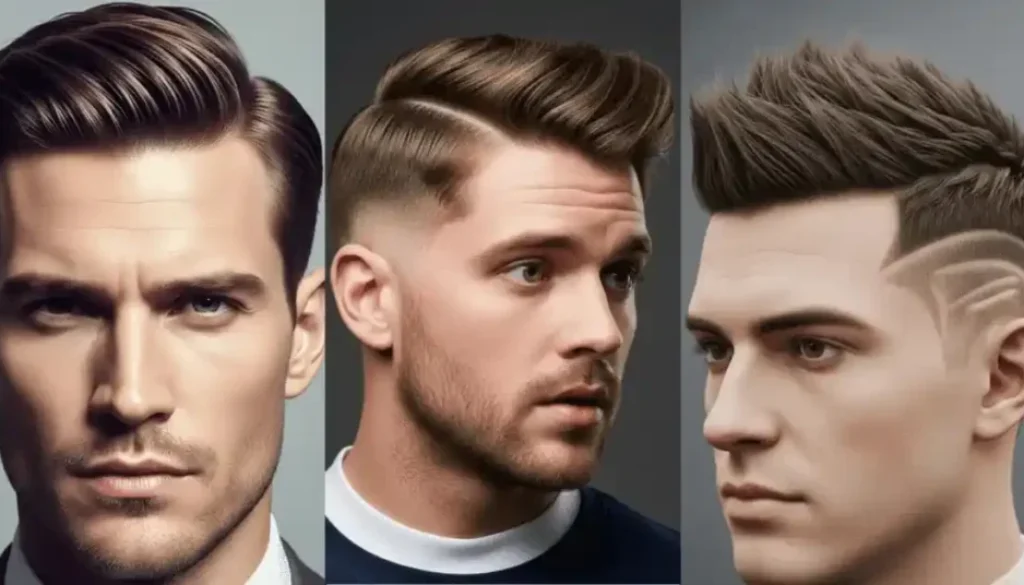 Three stylish Edgar haircuts for men featuring distinct textured cuts and slicked-back styles with varying lengths and side details.