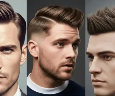 Three stylish Edgar haircuts for men featuring distinct textured cuts and slicked-back styles with varying lengths and side details.