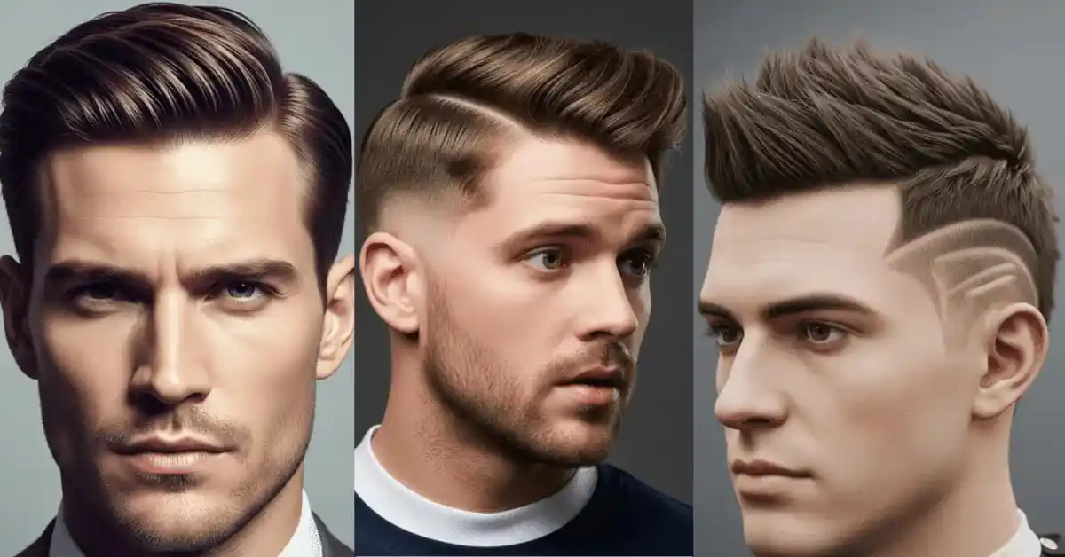 Three stylish Edgar haircuts for men featuring distinct textured cuts and slicked-back styles with varying lengths and side details.