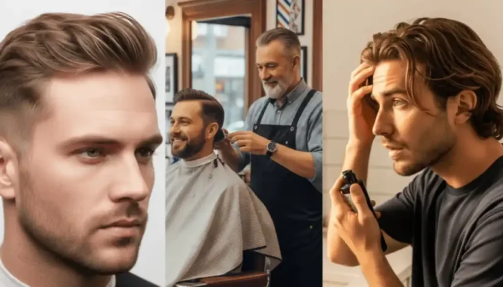 A close-up of a stylish growing hair out hairstyle, a barber working on a client's hair, and a man grooming himself in a mirror at home.