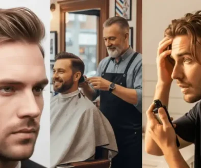 A close-up of a stylish growing hair out hairstyle, a barber working on a client's hair, and a man grooming himself in a mirror at home.