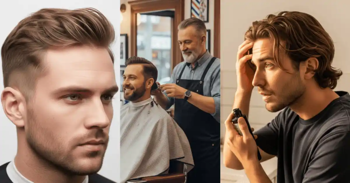 A close-up of a stylish growing hair out hairstyle, a barber working on a client's hair, and a man grooming himself in a mirror at home.