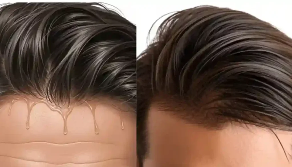 A split image shows a wet hairstyle on the left, with dripping water, and a styled, dry hairstyle on the right, highlighting the contrast often seen in greasy hair men's hair care routines.
