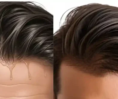 A split image shows a wet hairstyle on the left, with dripping water, and a styled, dry hairstyle on the right, highlighting the contrast often seen in greasy hair men's hair care routines.