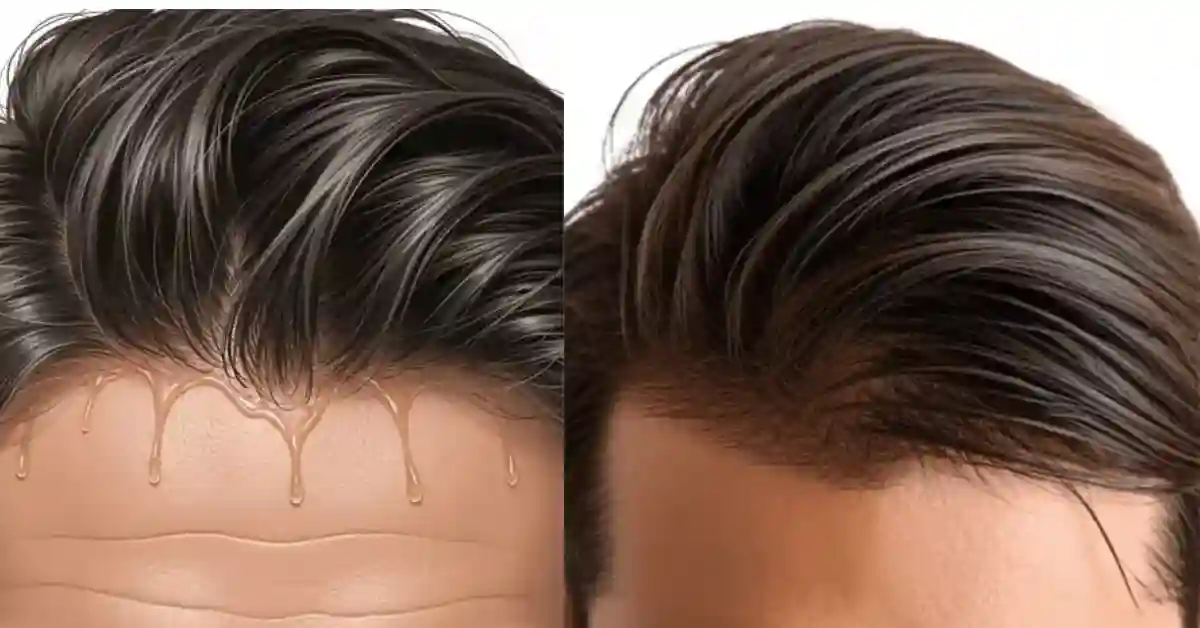 A split image shows a wet hairstyle on the left, with dripping water, and a styled, dry hairstyle on the right, highlighting the contrast often seen in greasy hair men's hair care routines.