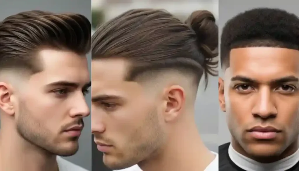 Three men showcase modern hairstyles: Left with a sleek pompadour fade, center with a man bun and a drop fade for men, right with a textured afro and a sharp lineup.