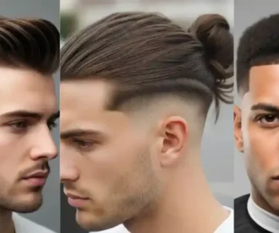 Three men showcase modern hairstyles: Left with a sleek pompadour fade, center with a man bun and a drop fade for men, right with a textured afro and a sharp lineup.