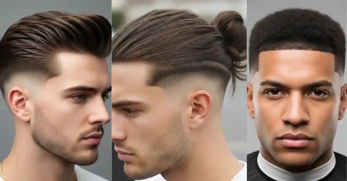 Three men showcase modern hairstyles: Left with a sleek pompadour fade, center with a man bun and a drop fade for men, right with a textured afro and a sharp lineup.
