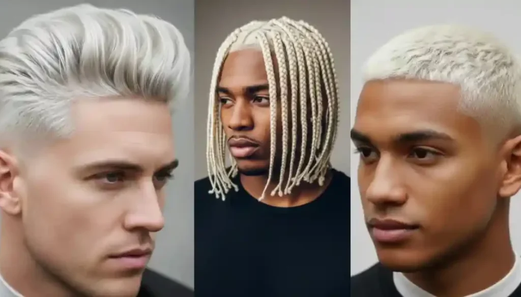 Three men showcasing bleached hairstyles men trends: Left wears a voluminous platinum blonde quiff; center has braided shoulder-length bleached hair; right sports a close-cropped bleached look. Stylish and modern vibe.