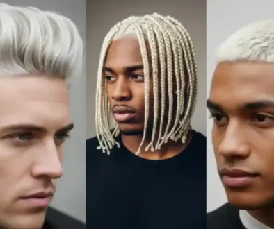 Three men showcasing bleached hairstyles men trends: Left wears a voluminous platinum blonde quiff; center has braided shoulder-length bleached hair; right sports a close-cropped bleached look. Stylish and modern vibe.