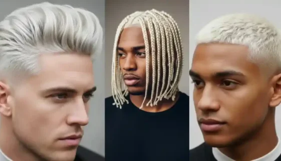 Three men showcasing bleached hairstyles men trends: Left wears a voluminous platinum blonde quiff; center has braided shoulder-length bleached hair; right sports a close-cropped bleached look. Stylish and modern vibe.