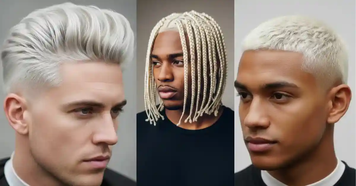 Three men showcasing bleached hairstyles men trends: Left wears a voluminous platinum blonde quiff; center has braided shoulder-length bleached hair; right sports a close-cropped bleached look. Stylish and modern vibe.