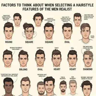 Infographic displaying various face shapes and recommended hairstyles for men, including round, square, oval, heart, oblong, and diamond shapes, helping you choose the best haircut for your face shape men.
