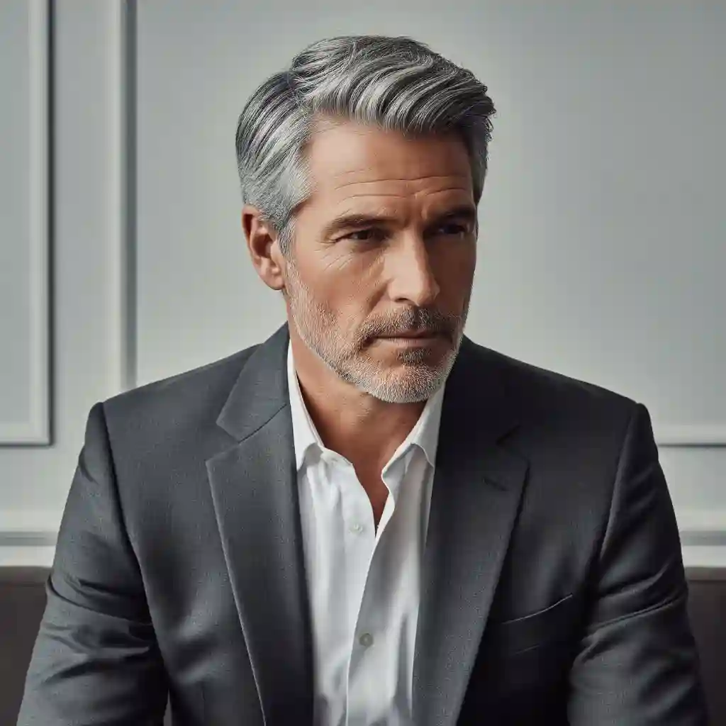 Embracing Grey Hair - A Stylish Choice for Men 1 A man with silver hair wearing a black blazer and white shirt sits confidently against a light gray background, showcasing one of the stylish gray haircuts men can wear.