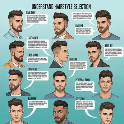 Infographic explaining the best haircut for your face shape men, highlighting hairstyle selection based on hair type, face shape, hair density, and personal style with illustrated examples.