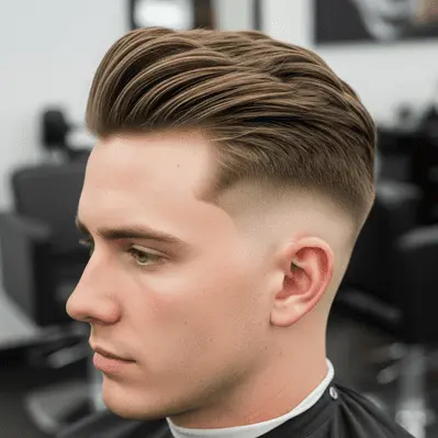 Close-up of a stylish haircut featuring a voluminous, textured top and a fade on the sides, set in a modern barber shop — a great example of the best haircut for your face shape men.