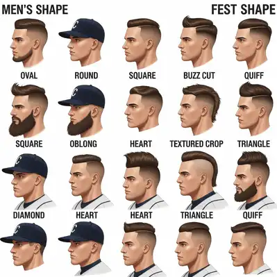 How to Choose the Best Haircut for Your Face Shape Men 2 A grid displaying various men's hairstyle options, each categorized by different face shapes and styles, including buzz cuts and quiffs, helping you choose the best haircut for your face shape men.
