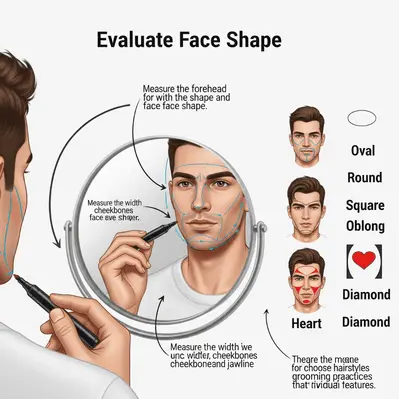 How to Choose the Best Haircut for Your Face Shape Men 1 A diagram showing how to measure face shape, including steps and examples for identifying oval, round, square, oblong, heart, and diamond shapes to help choose the best haircut for your face shape men.