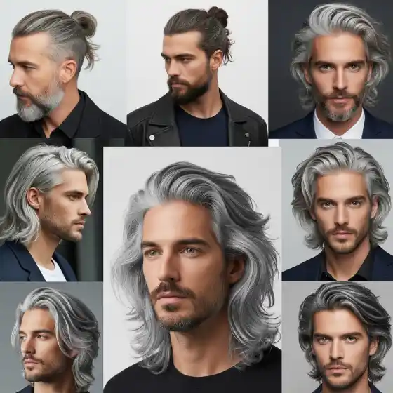 Embracing Grey Hair - A Stylish Choice for Men 6 A collage featuring various hairstyles on men with long, silver hair, showcasing diverse styles and textures, ideal for gray haircuts men.