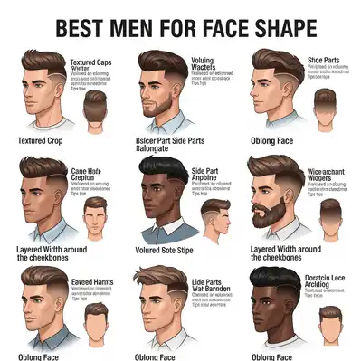 How to Choose the Best Haircut for Your Face Shape Men 3 A hairstyle guide for men categorized by face shape, showcasing the best haircut for your face shape men, including styles like textured crops and volumed looks with labeled images.