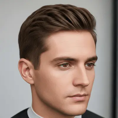 How to Choose the Best Haircut for Your Face Shape Men 5 Portrait of a young male with stylish, combed-back brown hair, wearing a formal black suit with a white shirt, against a neutral backdrop, showcasing the best haircut for your face shape men.