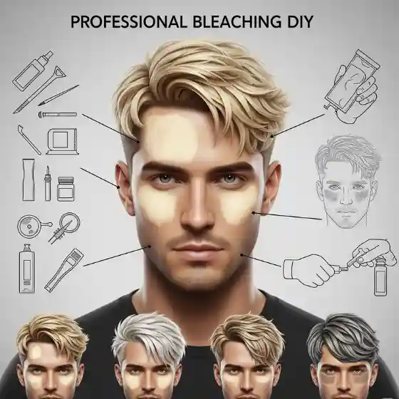 Man with blonde hair and bleach on face, surrounded by hair dye tools. Illustration shows DIY bleaching steps. Bottom row highlights bleached hairstyles men can try, showing various hair color variations.