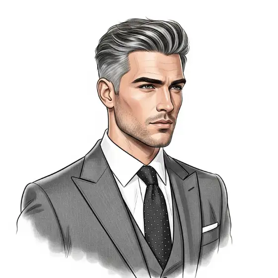Embracing Grey Hair - A Stylish Choice for Men 8 A man in a stylish gray suit with a white shirt and black polka dot tie, exuding sophistication and elegance, showcasing one of the refined gray haircuts men prefer.