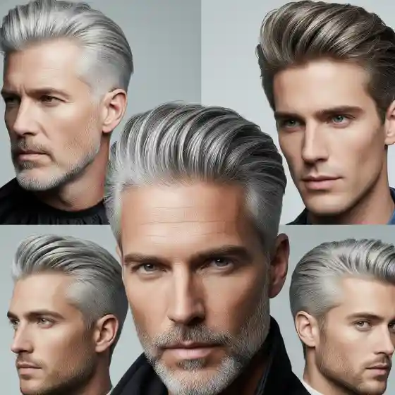 Embracing Grey Hair - A Stylish Choice for Men 4 Collage of five gray haircuts men featuring sleek, silver-gray hair styled in modern, voluminous looks against neutral backgrounds.