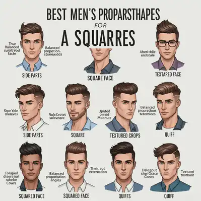 How to Choose the Best Haircut for Your Face Shape Men 4 Graphic showing various men's hairstyles recommended for square face shapes, designed to help choose the best haircut for your face shape men, with labeled styles and hair types in a grid layout.