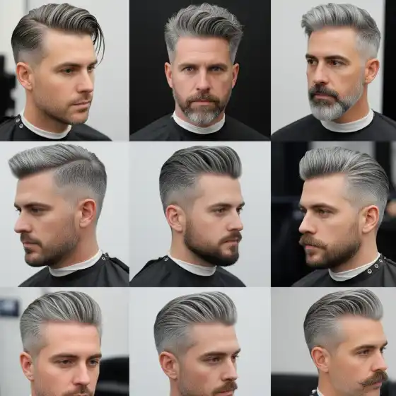 A grid of nine images showcasing various stylish gray haircuts men, all featuring short sides and voluminous, textured tops in gray tones.