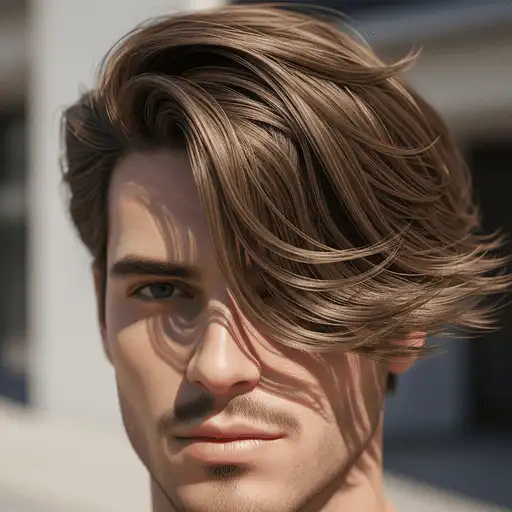 A close-up of tousled, medium brown hair styled with soft waves, showcasing trendy men hairstyles curtains, set against a blurred, neutral background.