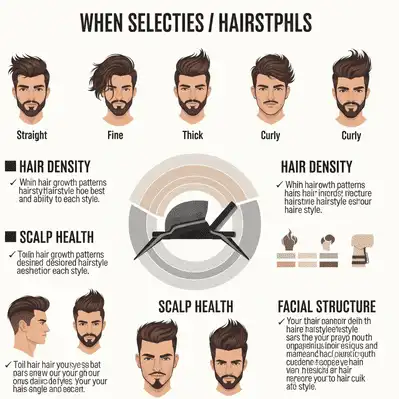 An illustrated guide on selecting the best haircut for your face shape men, considering hairstyles based on hair density, scalp health, and facial structure for different hair types.