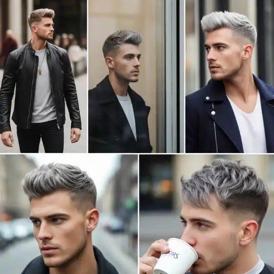 Embracing Grey Hair - A Stylish Choice for Men 3 A collage of various hairstyles on a male model, featuring trendy cuts and styling, including gray haircuts men, showcasing a modern, fashionable aesthetic.