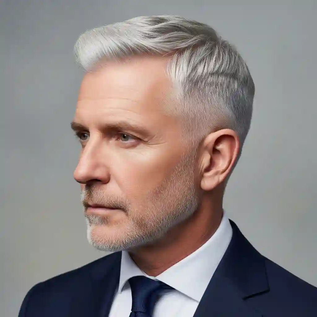 Embracing Grey Hair - A Stylish Choice for Men 2 A man with short silver hair wears a dark suit and tie, showcasing one of the stylish gray haircuts men prefer, set against a softly blurred gray background.