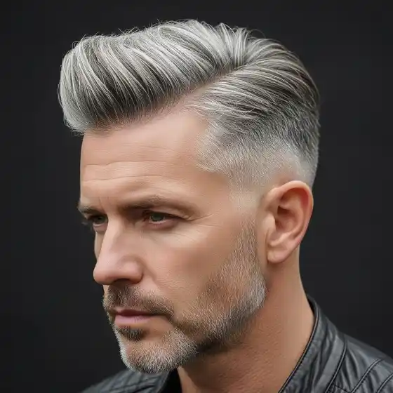 Embracing Grey Hair - A Stylish Choice for Men 7 A close-up of a stylish male haircut featuring silver waves on top and a faded undercut, showcasing a trendy option for gray haircuts men, set against a dark background.