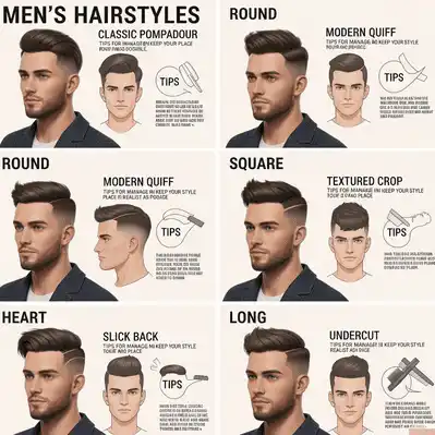 A guide showcasing various men's hairstyles—Classic Pompadour, Modern Quiff, Textured Crop, Slick Back, and Undercut—with style tips to help choose the best haircut for your face shape men.