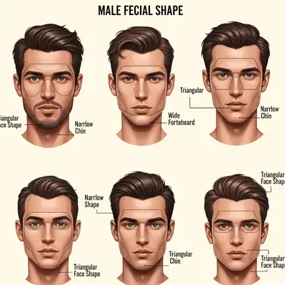 How to Choose the Best Haircut for Your Face Shape Men 8 Diagram showcasing various male facial shapes, including narrow chin, wide forehead, and triangular face shape, helping to determine the best haircut for your face shape men.