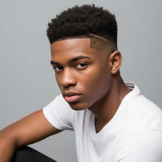 The Best Hairstyles for Drop Fade for Men 2 A person with a short, textured haircut featuring a drop fade for men is seated against a light gray background, wearing a plain white t-shirt, with a relaxed posture.