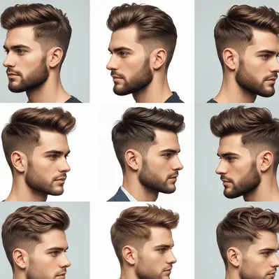 A grid of nine hairstyle options showcasing various trendy men's haircuts from different angles.