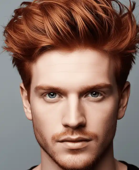 Eye-Catching Mens Red Hair Hairstyles 1 A man with striking red hair in a Textured Hairstyle showcasing one of the top Mens Red Hair Hairstyles.