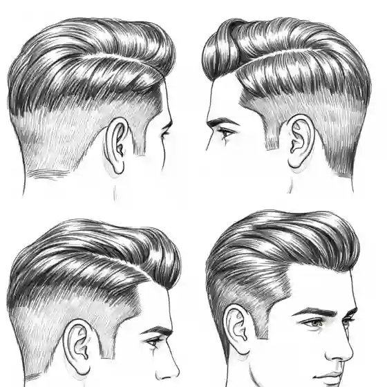 24 Stylish Side Parted Men Hairstyles 1 Illustration of four stylish side parted mens hairstyles, featuring various fades and textured tops from different angles.