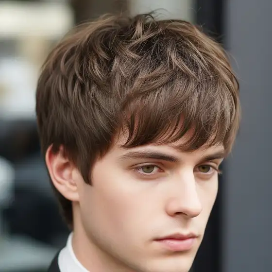 Young man with brown, tousled hair and green eyes gazes pensively, showcasing one of the popular hairstyles for men with fine hair. He's in a black suit, standing against a blurry, neutral-toned background.