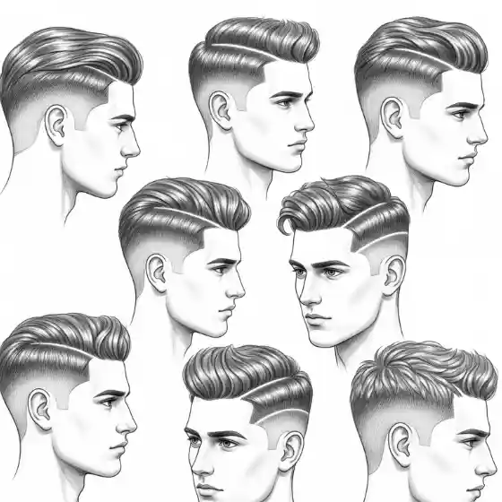 Illustration of eight side parted mens hairstyles, side views, showing variations of undercuts and pompadours with textured tops. The tone is stylish and modern.