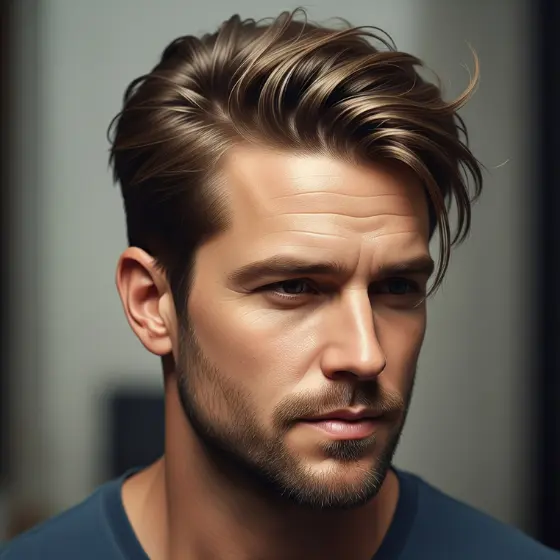 A person with neatly styled brown hair in a classic side parted mens hairstyle and a trimmed beard looks contemplatively to the side, wearing a blue shirt in soft, natural lighting.