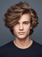 A young man with curly hair in a blue shirt, representing the Fluffy Hair Boys style
