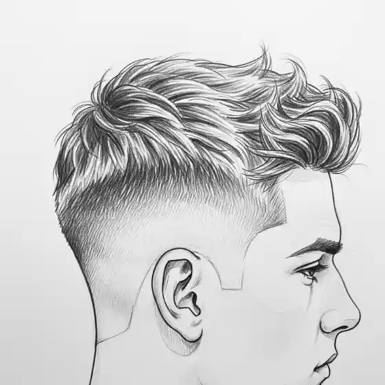Illustrated side profile of a man with a stylish textured haircut, featuring sharp fades and wavy top—an ideal example of hairstyles for men with fine hair. The monochrome sketch conveys a modern, clean look.