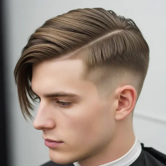A young man showcasing one of the popular side parted mens hairstyles, with a sleek modern look featuring a precise undercut. The setting is a neutral-colored salon, conveying a trendy, stylish vibe.