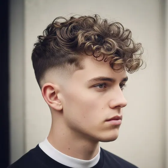 A young man with curly hair styled into a voluminous top with a faded cut, representing one of the stylish hairstyles for men with fine hair. He wears a black and white shirt, displaying a calm expression against a neutral background.