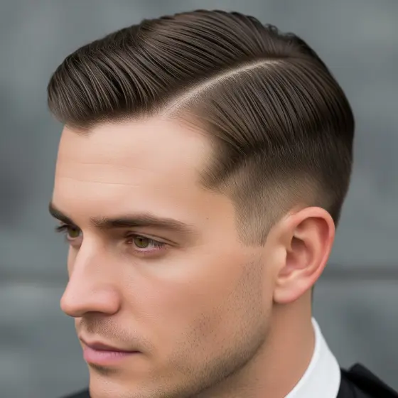 A man with neatly styled brown hair and a sharp side part, showcasing classic side parted mens hairstyles, wears a formal suit. The focused expression contrasts a blurred gray background.