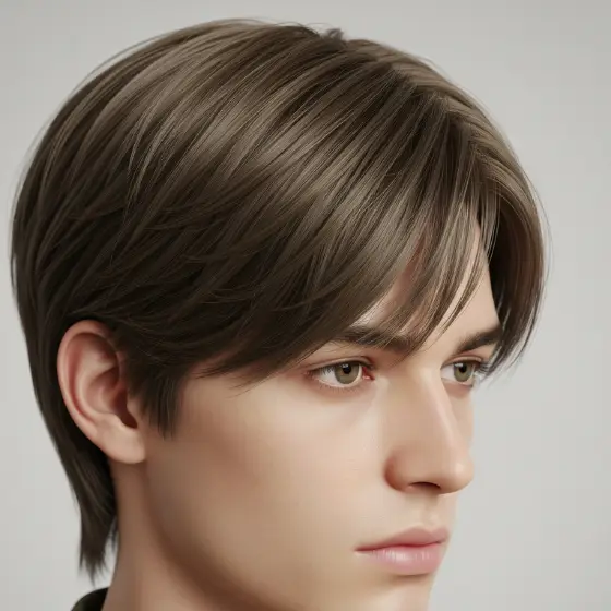Young man with light brown hair looking to the side, showcasing one of the trendy hairstyles for men with fine hair. His expression is calm and focused. The close-up shows smooth skin and a neutral background.